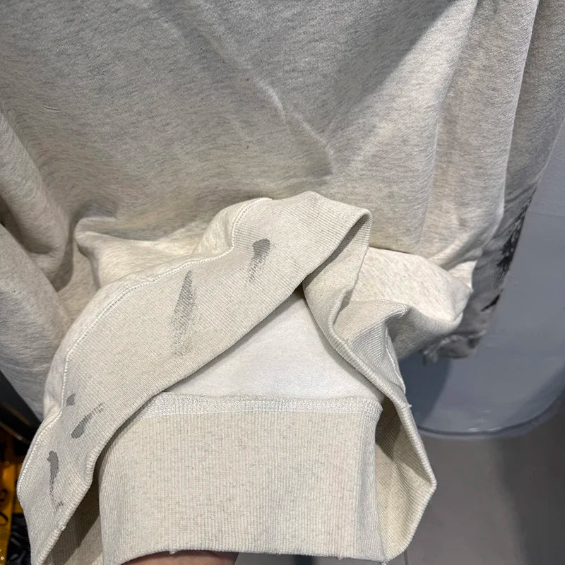 Loose Saint Hole Washed Graffiti Vintage Round Neck Sweatshirt Streetwear Men