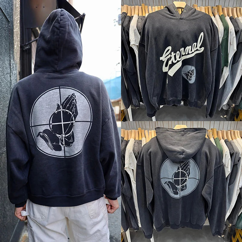 Street Fashion Saint High Quality Autumn Winter Thick Gesture Pattern Hoodie Men Vintage Distressed Ripped Pullover