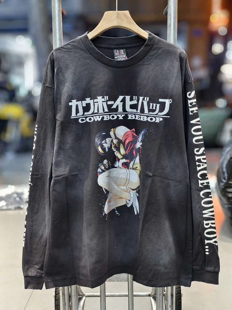 Washed Saint Loose Statue Printing Vintage Long Sleeve T-shirt Hip Hop Harajuku Ripped Tees