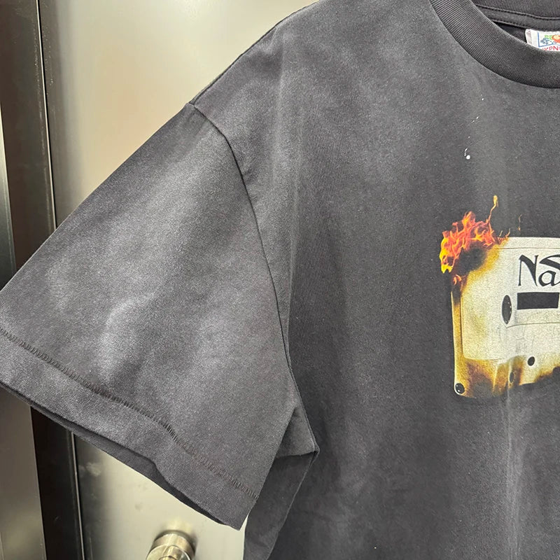 American Retro Flame Tape Graphic T Shirts Street Casual Men Trendy Summer Tops