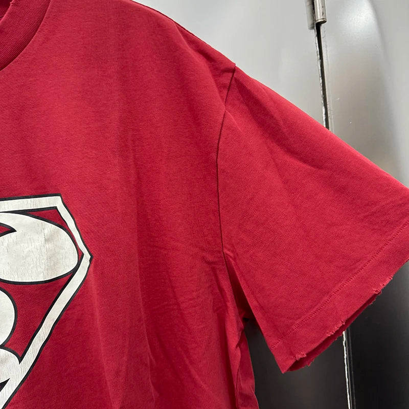 Retro Red Saint Washed 100%cotton Oversized T Shirt Japan Style Letter Crack Print Casual Fashion Short Sleeve