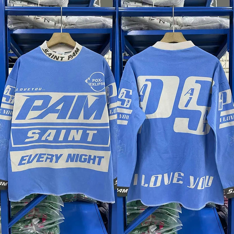 Retro Blue Saint Punk Style T Shirt Autumn Cotton Washed Loose Fashion Long Sleeve