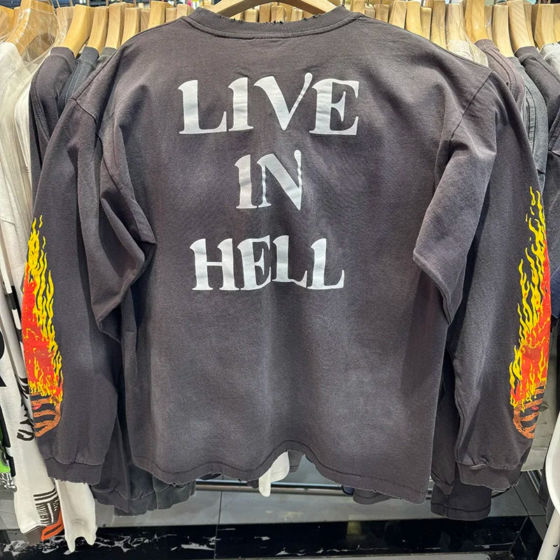 Spring Saint Washed Ripped Pure Cotton Flame Print Graphic T Shirts High Street Casual Men Women Fashion Long Sleeve Tees