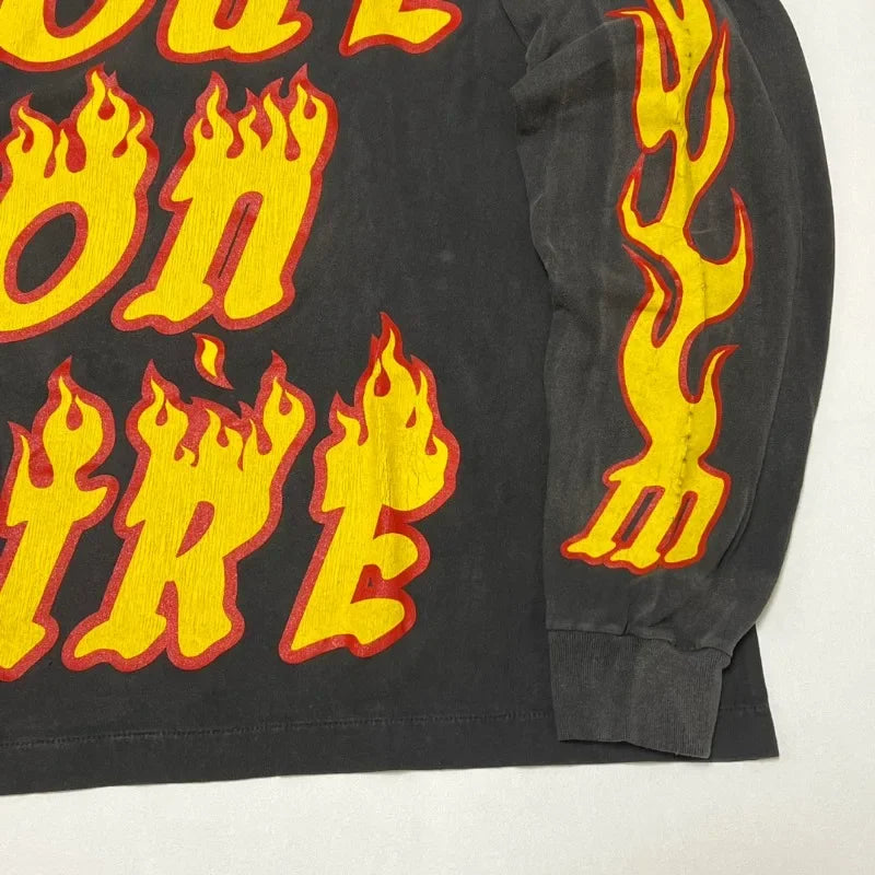 High Quality Saint Round Neck Soul Flame Vintage T Shirt Men Street Fashion Flame Word Long Sleeve