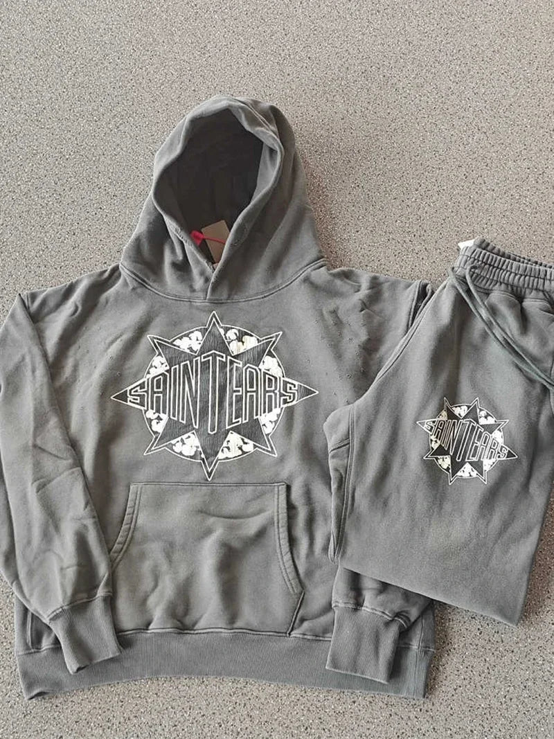Winter Saint Tears High Quality Heavy Fabric Washed American Style Street Fashion Sets Loose Sports Pullover Hooded Men Ins