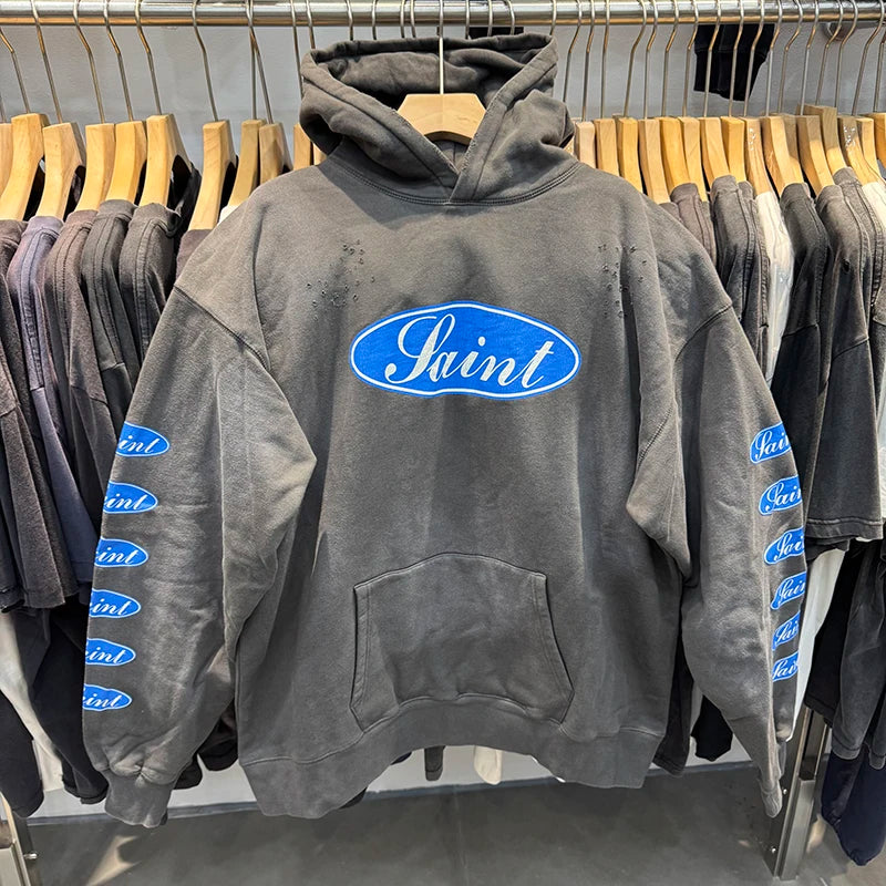 25FW SAINT Blue Circle Letter Printed Washed Distressed Hip Hop Hoodies Street Fashion Retro Grey Sweatshirt