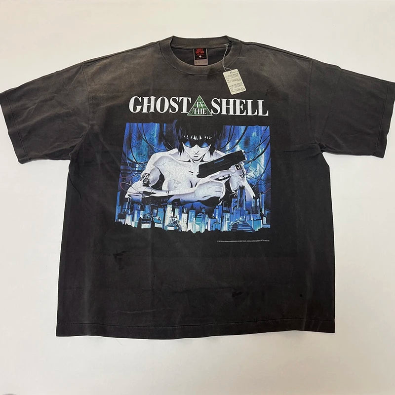 Washed Vintage Saint Letter Print Harajuku Oversized T Shirt High Street Casual Men Women 1:1 Cylindrical Tees