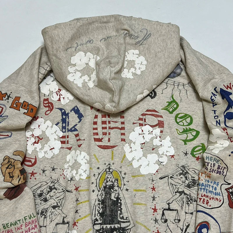 Full Print Street Fashion Saint Graffiti Style Hoodies Winter Thick Cotton Top Quality Loose Sweatshirts Men