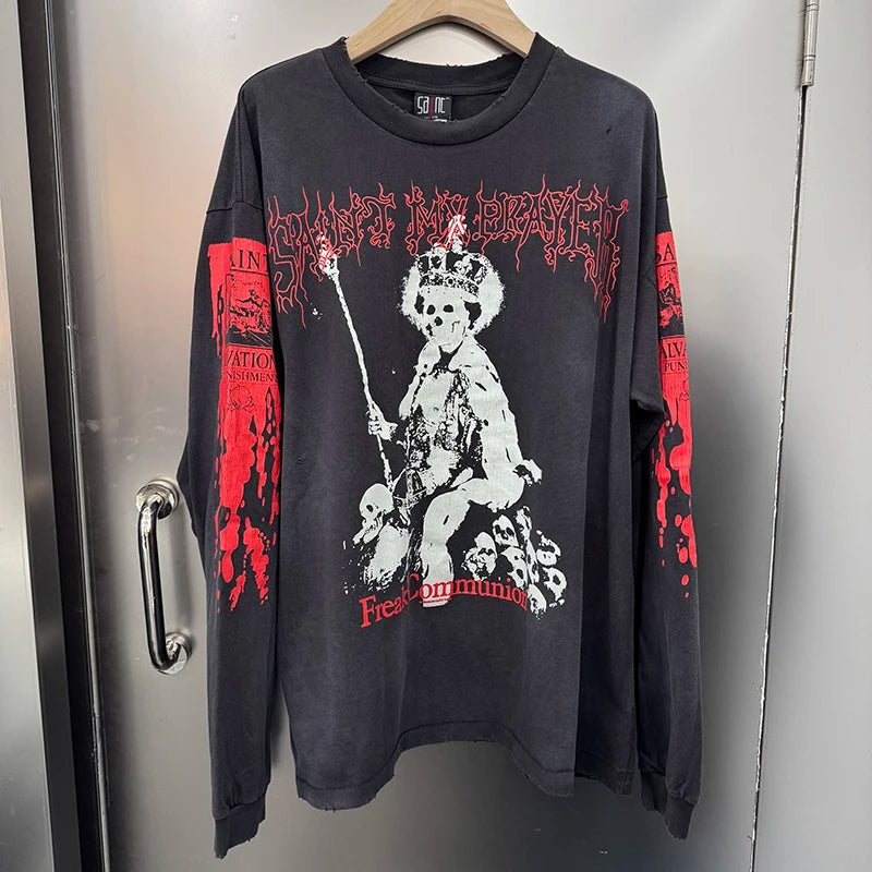 Best Quality Saint Harajuku Loose T Shirts for Men Japan Style Skulls Printed Vintage Long Sleeve Tees