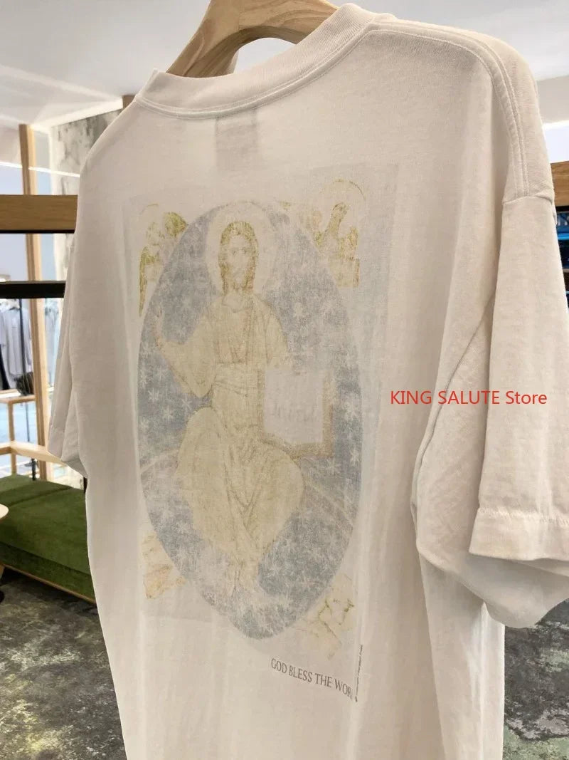 White Series Saint Portrait Letter Pattern Printed Short Sleeve American Casual Loose Men Women 1:1 Pure Cotton T-shirt