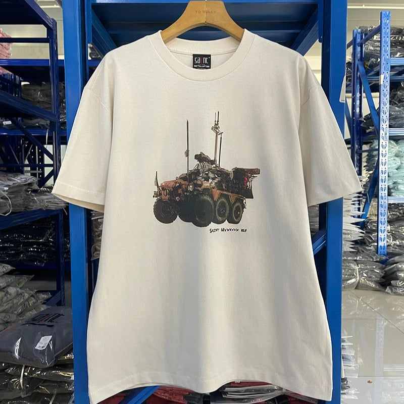 Light Color Saint Cross Medal Print Oversized T Shirt High Street Casual Men Women Fashion TU PAC Summer Tops