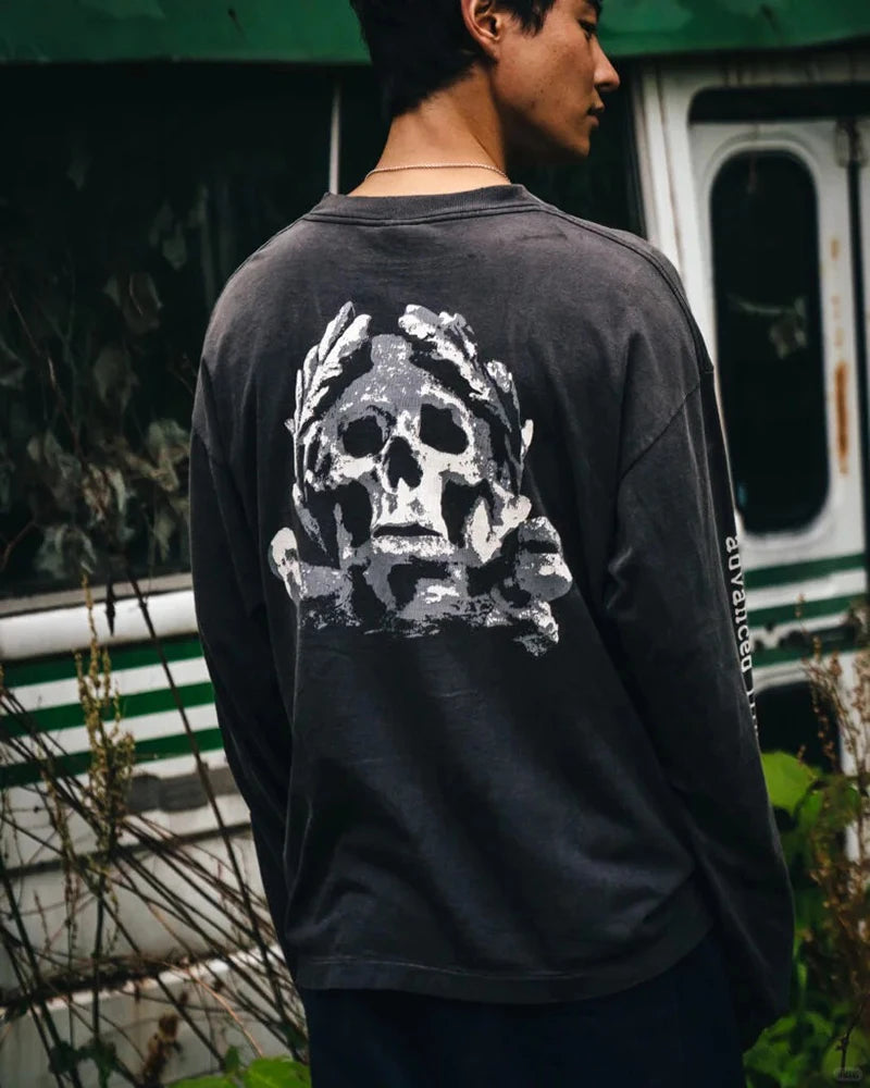 Best Quality Saint Harajuku Loose T Shirts for Men Japan Style Skulls Printed Vintage Long Sleeve Tees