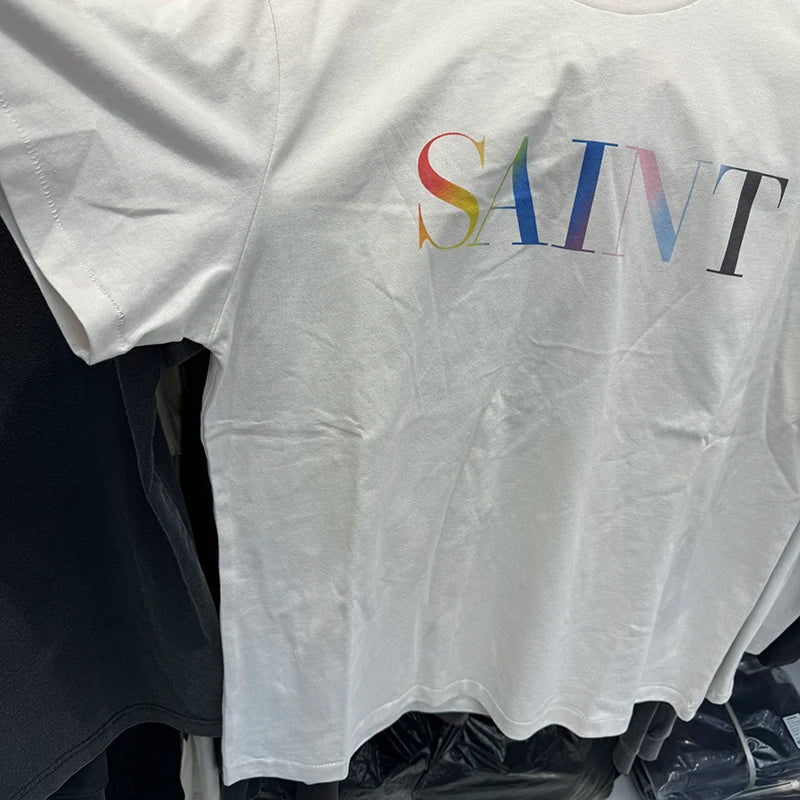 Rainbow Saint Letter Print Casual Men White T Shirt Pure Cotton Summer Tops