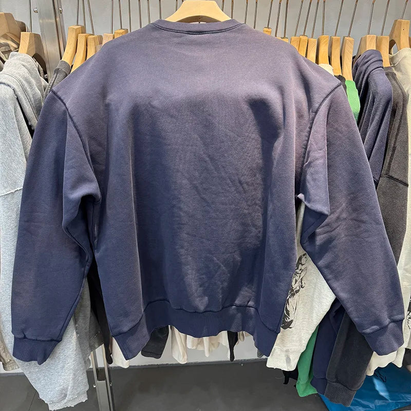 Retro Blue Sets Saint O-Neck Washed Simple Fashion Sweatshirt Loose Men