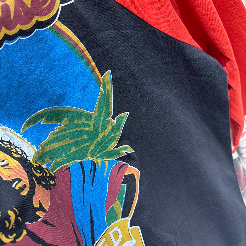 Punk Style Saint Color Block High Quality Graphic T Shirts Summer Street Fashion Three Quarter Tee