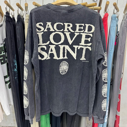 25FW Saint Washed Vintage Portrait Print Oversized T Shirt High Quality Harajuku Long Sleeve Street Fashion Men