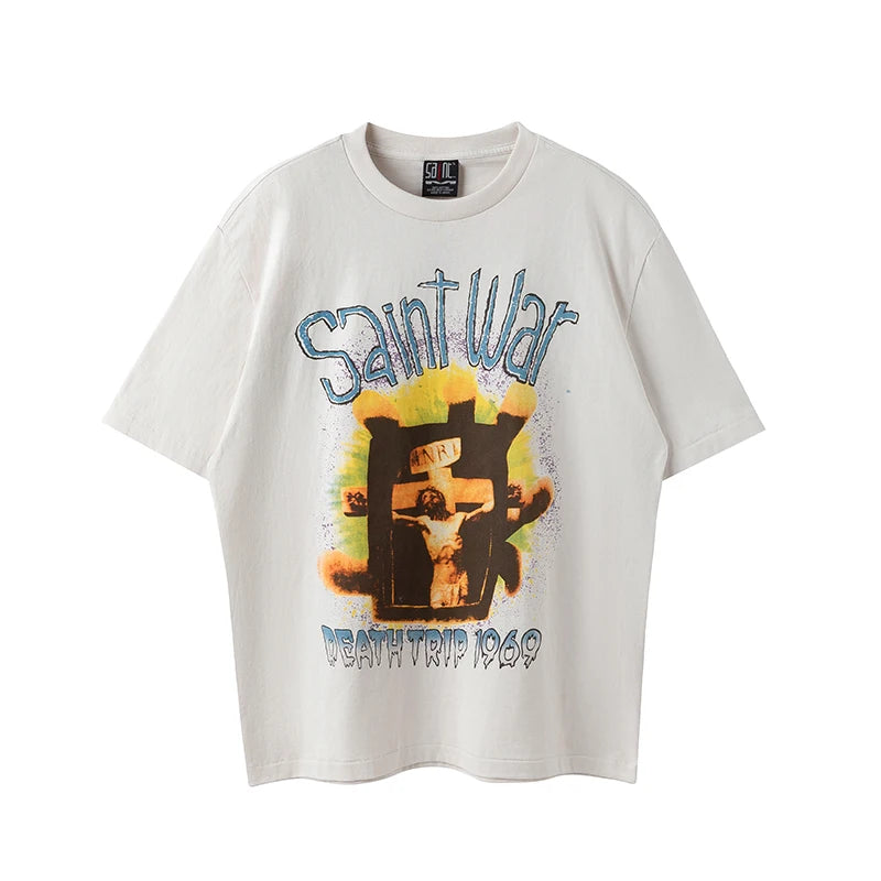 VTG Nine Toothed Nail Round Neck Oversized T Shirt Men High Street Casual Summer Cotton Saint Fashion Short Sleeve