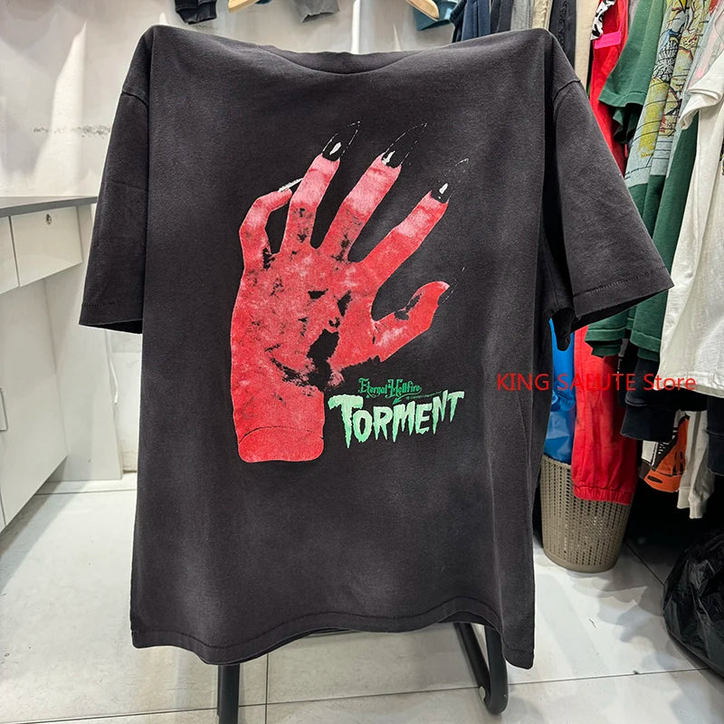 TU PAC Vintage Portraits Print Pattern Cotton Men T-shirt Hip Hop Water Washed Retro High Street Short Sleeve Oversized T Shirt