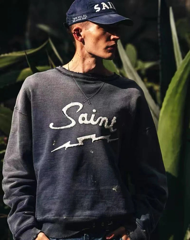 Splash-ink Saint Loose O-Neck Letter Embroidery Washed Blue Sweatshirts Vintage Streetwear Men