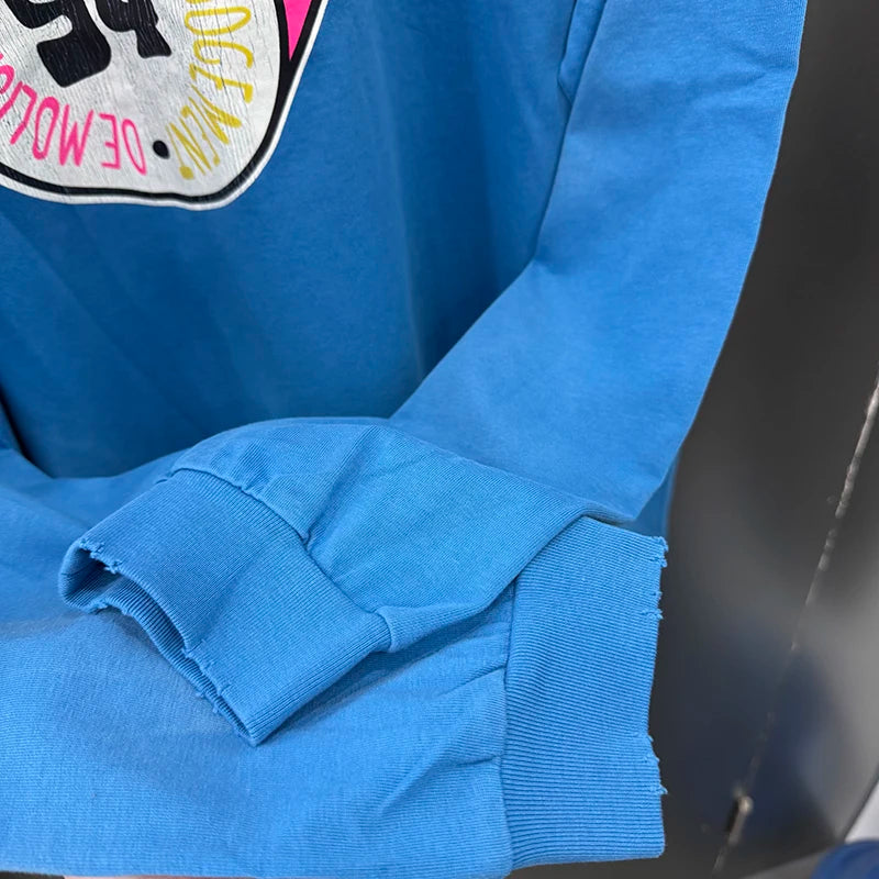 Autumn Winter Long Sleeve Saint Series Vintage Trend Sky Blue T Shirt High Street Casual Men Women Distressed Tops