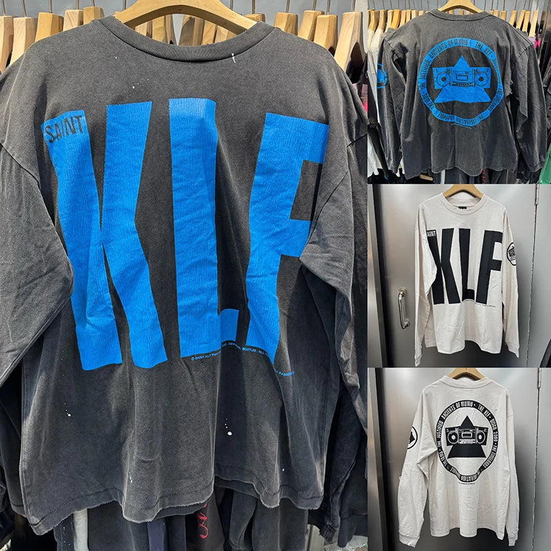 Vintage Trend KLF Autumn Series SAINT Oversized T Shirt Washed Cotton High Street Fashion Men Long Sleeve Tops