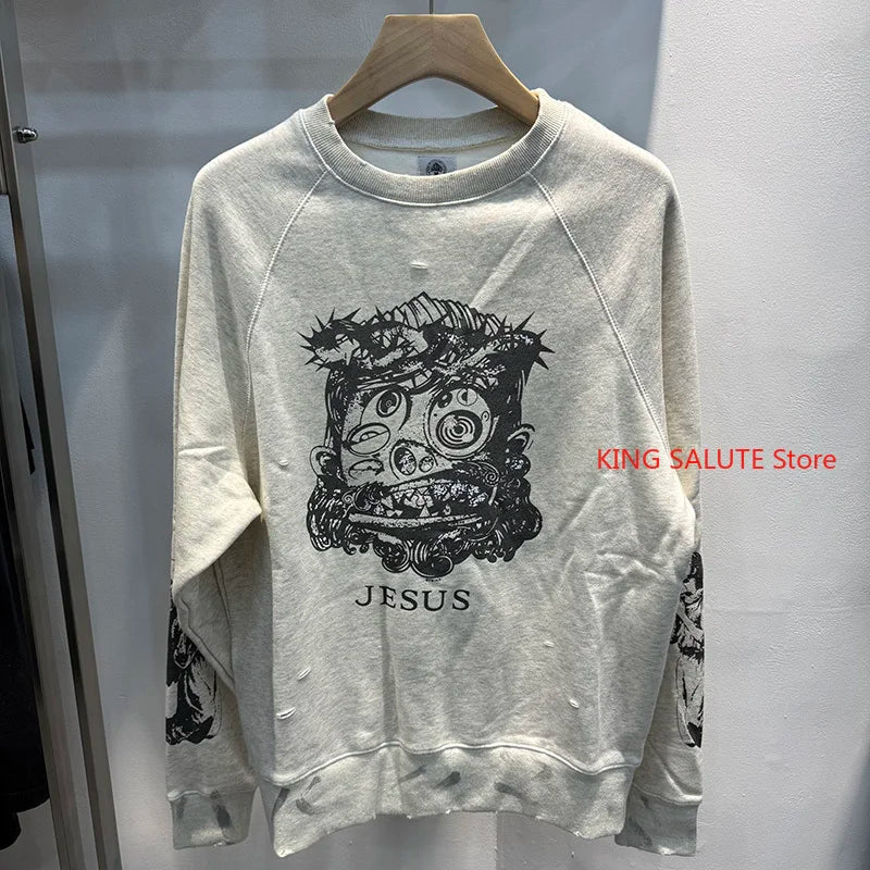 Loose Saint Hole Washed Graffiti Vintage Round Neck Sweatshirt Streetwear Men