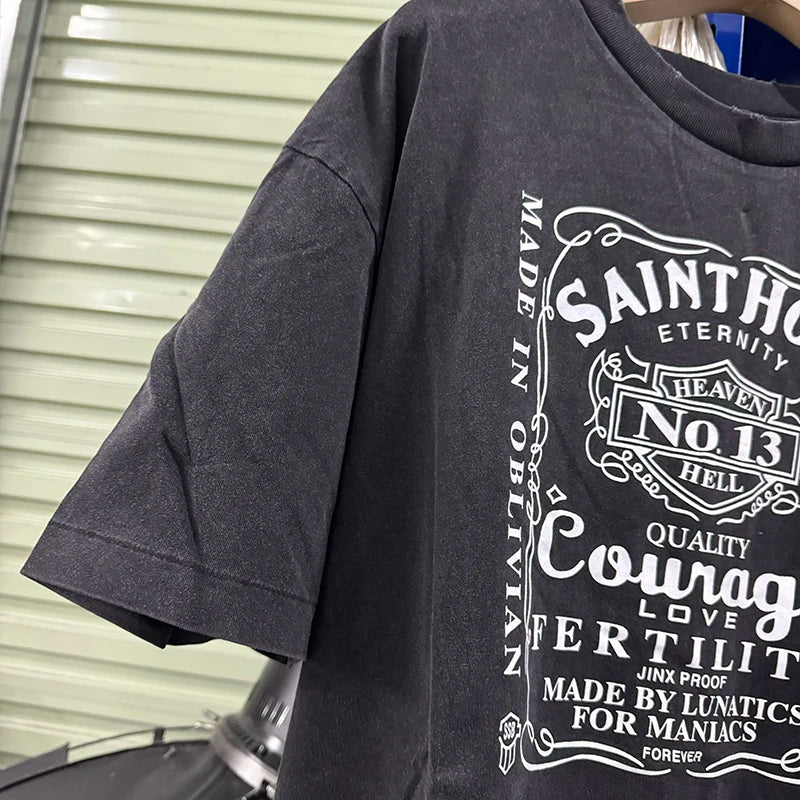 Street Fashion SAINT X NEIGHBORHOOD Summer Short Sleeve Motorcycle Printed Men's T-shirt Loose Wash Dilapidated