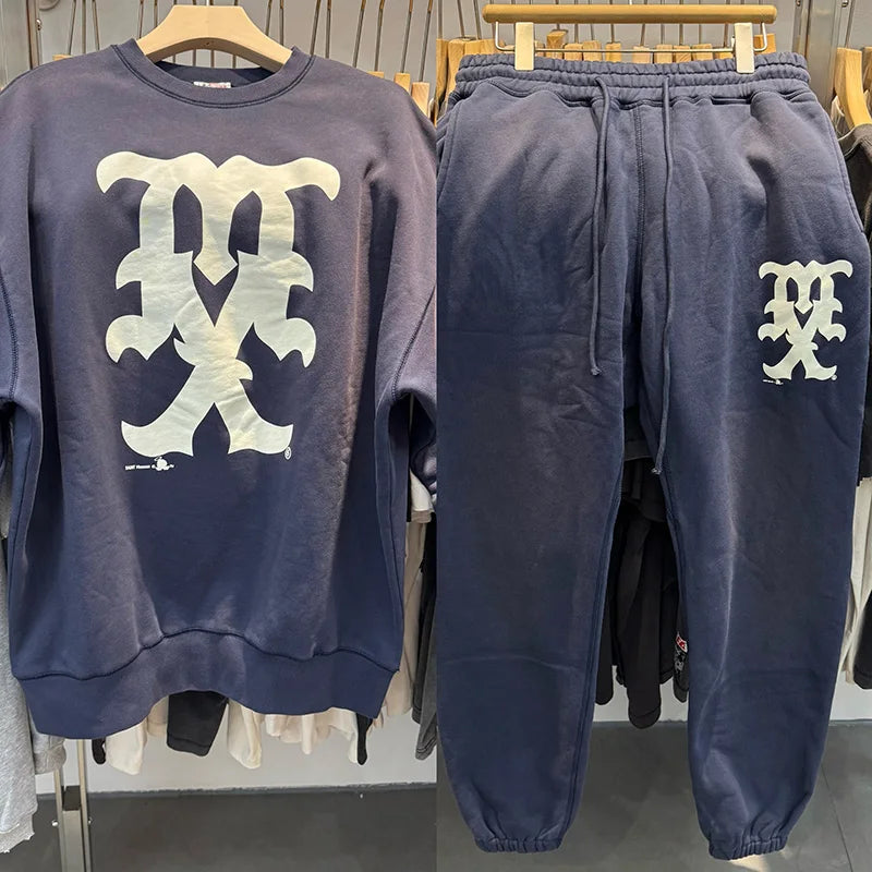 Retro Blue Sets Saint O-Neck Washed Simple Fashion Sweatshirt Loose Men