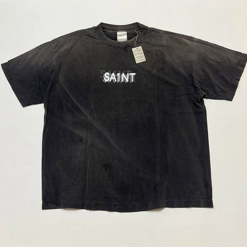 Washed Vintage Saint Letter Print Harajuku Oversized T Shirt High Street Casual Men Women 1:1 Cylindrical Tees