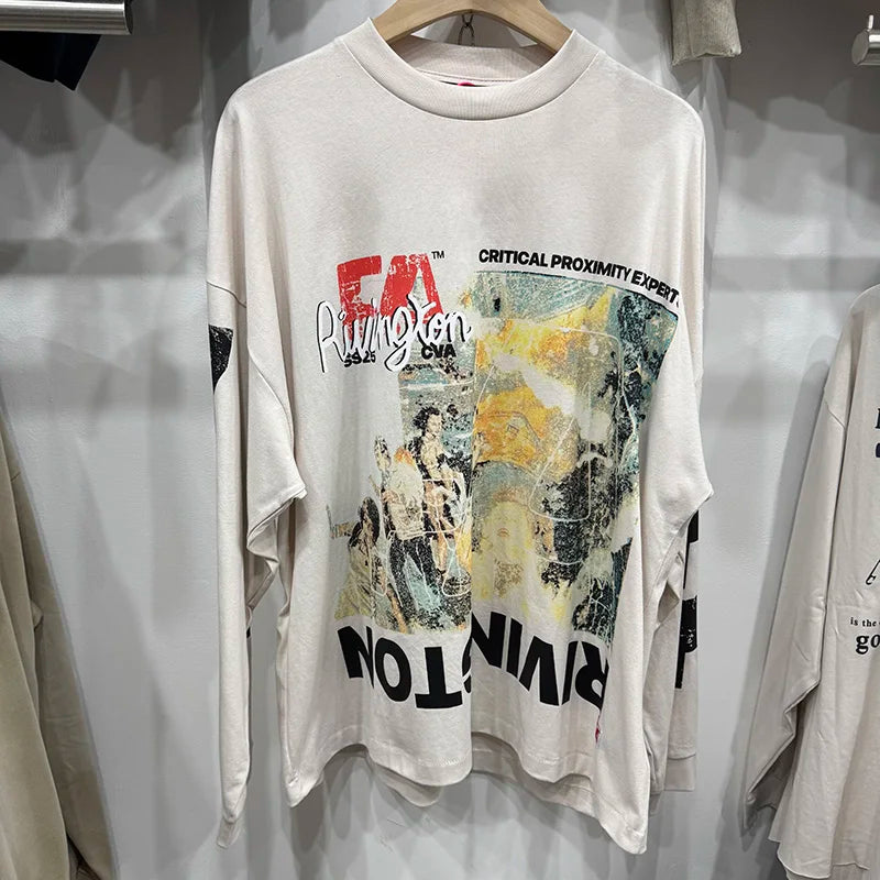 Best Quality RRR123 Graffiti Green Letters American Retro T Shirts for Men Autumn Cotton Street Fashion Long Sleeves Tees