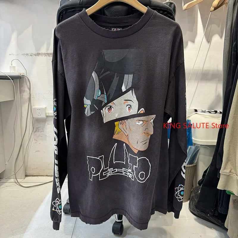 Spring Saint Washed Ripped Pure Cotton Flame Print Graphic T Shirts High Street Casual Men Women Fashion Long Sleeve Tees
