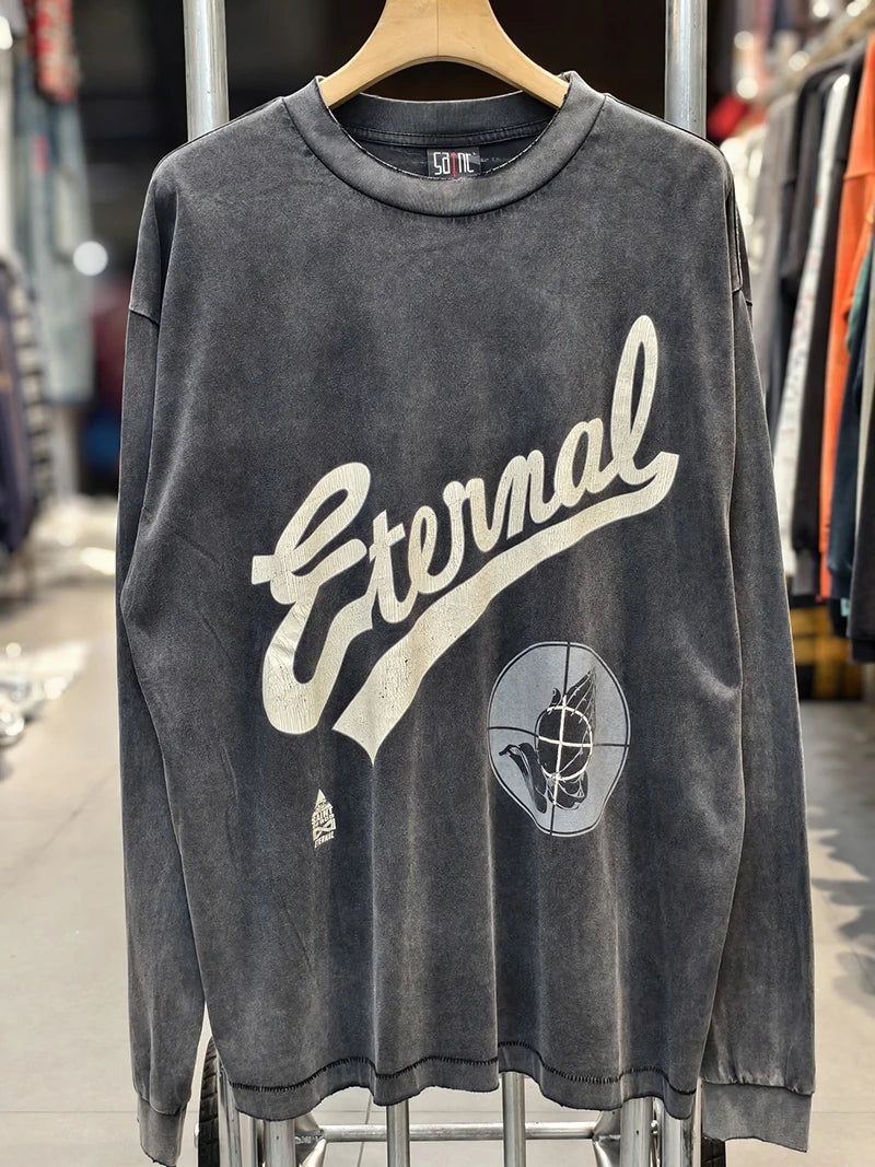 Autumn Retro Series Saint Three Inch Nail Blue Oversized T Shirt High Quality Cotton Men Women Fashion Long Sleeve Streetwear