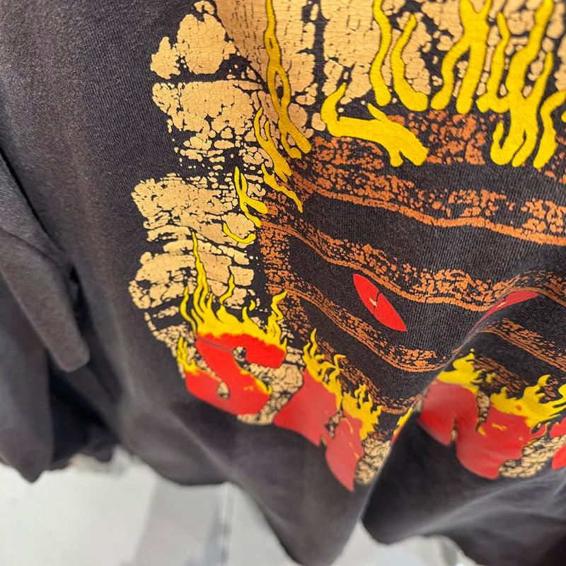 Spring Saint Washed Ripped Pure Cotton Flame Print Graphic T Shirts High Street Casual Men Women Fashion Long Sleeve Tees