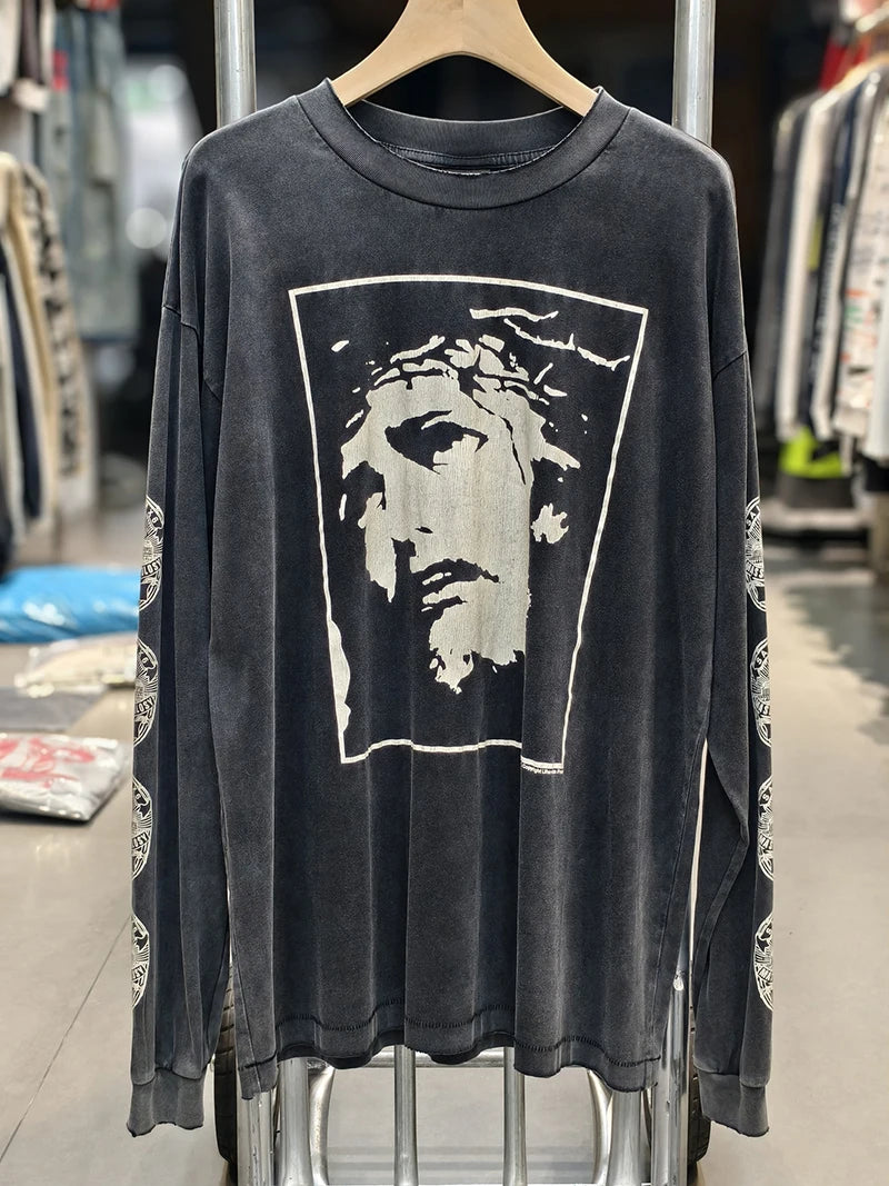 Autumn Retro Series Saint Three Inch Nail Blue Oversized T Shirt High Quality Cotton Men Women Fashion Long Sleeve Streetwear