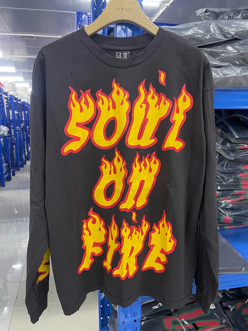 Vintage Casual SAINT Oversized T Shirt High Quality Pure Cotton Blue Sky Print Fashion Men Women Long Sleeve Tees