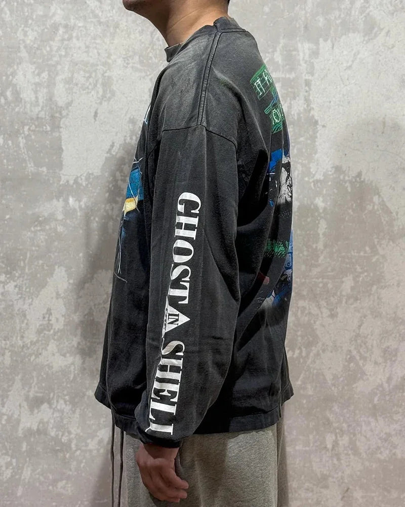 Washed Retro Saint High Quality Anime T Shirt Harajuku Fashion Cartoon Pattern Casual Men Women Long Sleeve