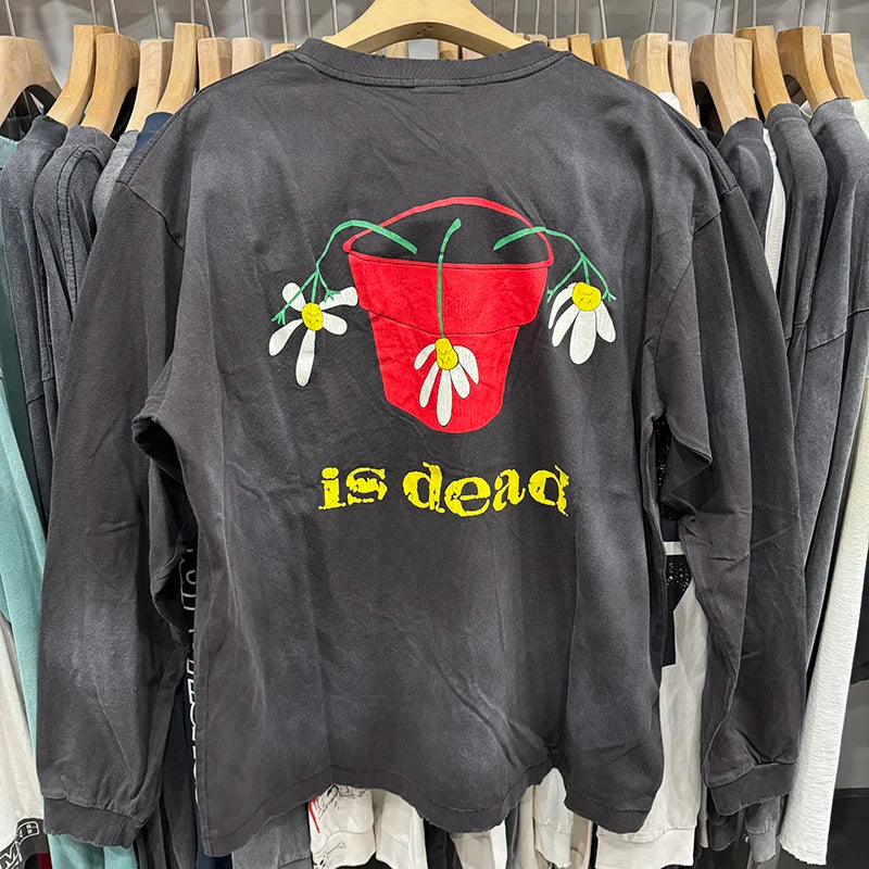 Autumn Saint Crewneck Floral Crack American Retro Long Sleeve Mens T Shirts