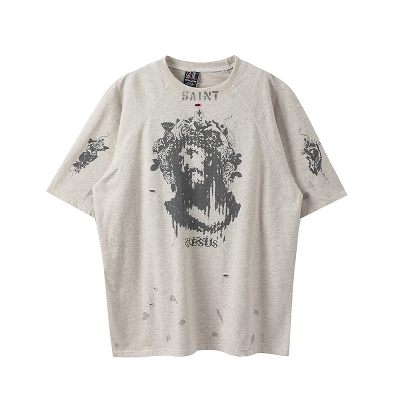 Washed Gray SAINT Round Neck Cotton Oversized T Shirt Street Fashion Graffiti Print T Shirts for Men