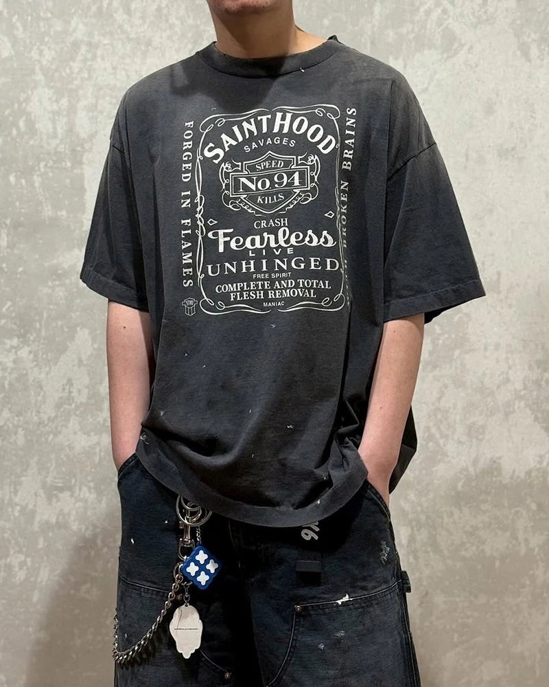 Street Fashion Saint Cotton Summer Plain Knit American Retro Short Sleeve Heart-shaped Print Skeleton T Shirts