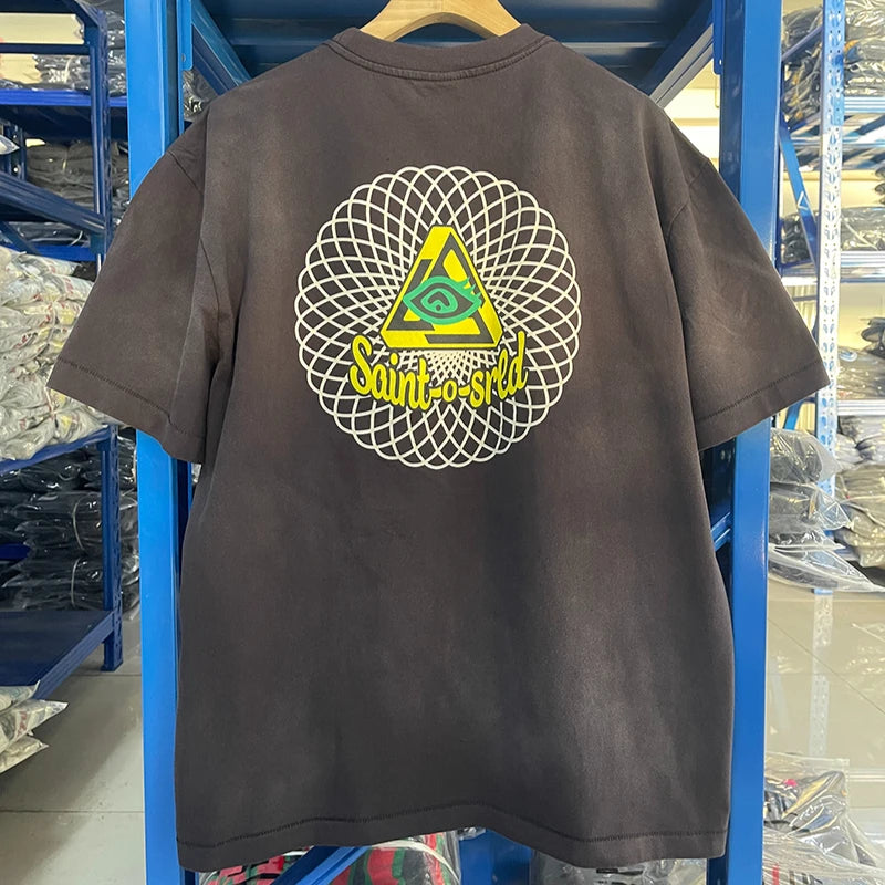 Street Fashion Saint Cartoon Happy Angel Oversized T Shirt Casual Men Summer Cotton Washed Vintage Tee