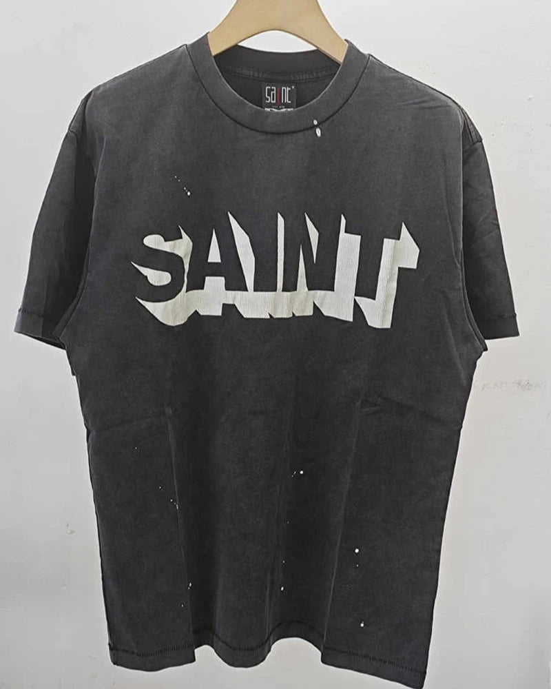 Washed Saint Crack Stereoscopic American Style Vintage T Shirt Street Fashion