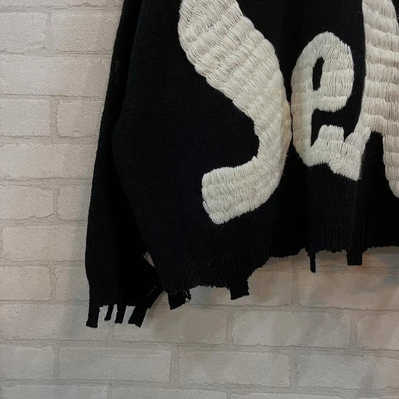 Winter Wool Saint Round Neck Needle Embroidery Letters Ripped Style Street Fashion Men Women 1:1 Harajuku Sweater
