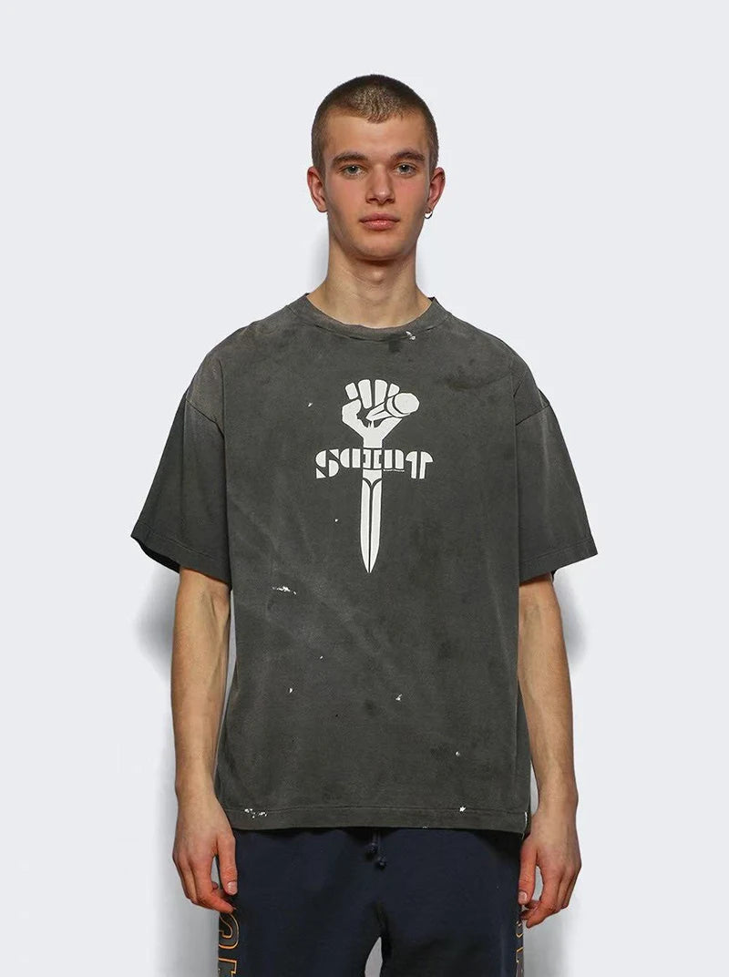 Retro Grey Saint Pure Cotton Cross-shaped Fist Microphone Pattern Print Men T Shirt