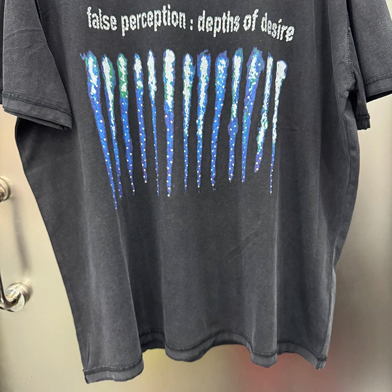 FALSE Crystal Series Vintage Blue Flame Oversized T Shirt High Quality Cotton Men Women 1:1 Fashion Short Sleeve Streetwear