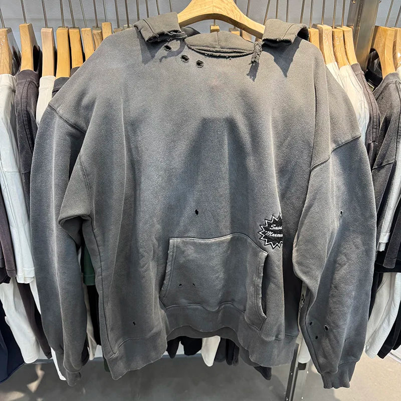 Ripped Series SAINT Grey Washed Embroidered Logo Hoodies Autumn Winter High Street Casual Men Women Pullover