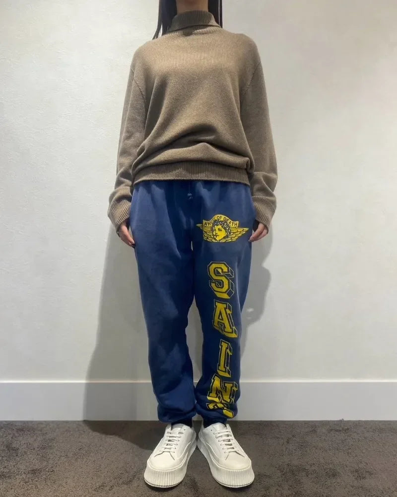 Winter Heavyweight Saint Angel Pattern Printing Blue Sports Pants High Street Casual Men Women 1:1 Fashion Sets Top Quality