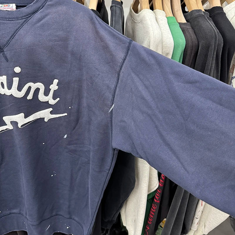 Splash-ink Saint Loose O-Neck Letter Embroidery Washed Blue Sweatshirts Vintage Streetwear Men