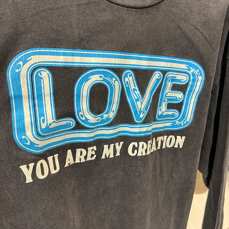 Casual Saint Origami Crane Pattern LOVE Printing Oversized T Shirt Street Fashion Men Vintage Long Sleeve