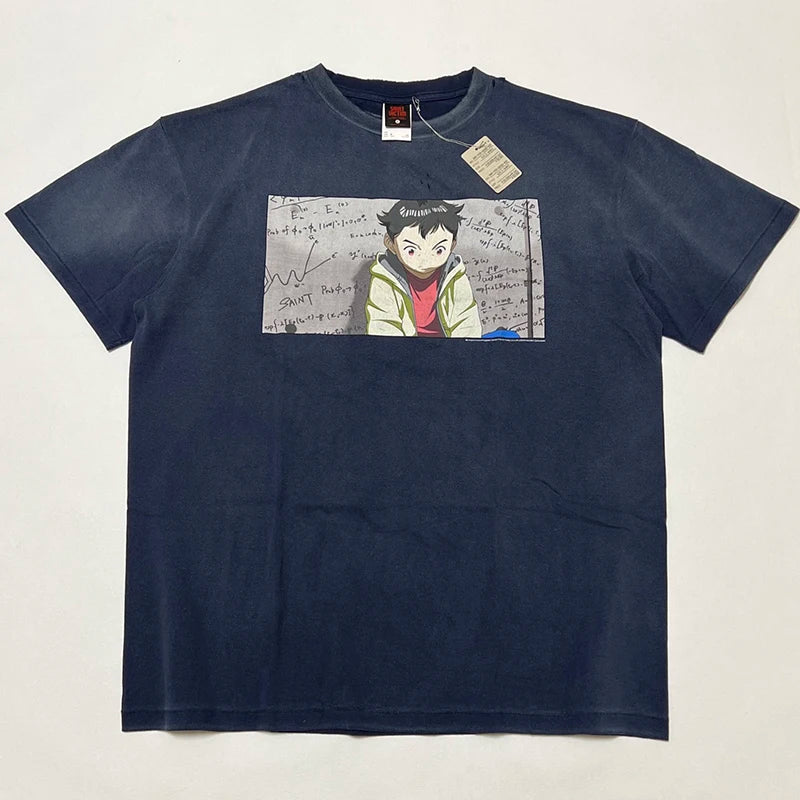 Washed Vintage Saint Letter Print Harajuku Oversized T Shirt High Street Casual Men Women 1:1 Cylindrical Tees