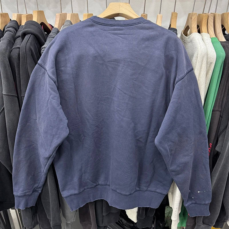 Splash-ink Saint Loose O-Neck Letter Embroidery Washed Blue Sweatshirts Vintage Streetwear Men